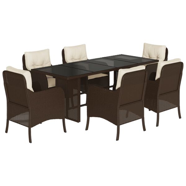 vidaXL 7 Piece Garden Dining Set with Cushions Brown Poly Rattan