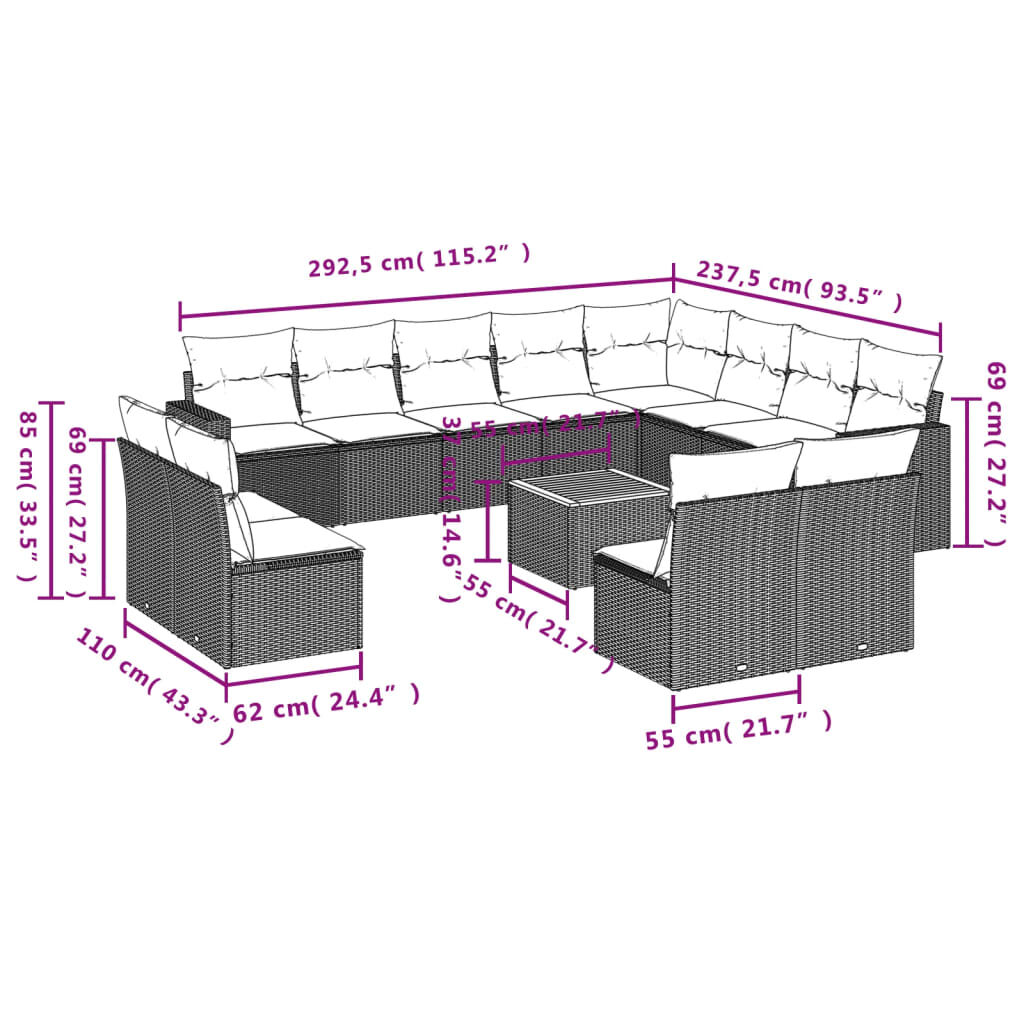 vidaXL 13 Piece Garden Sofa Set with Cushions Grey Poly Rattan