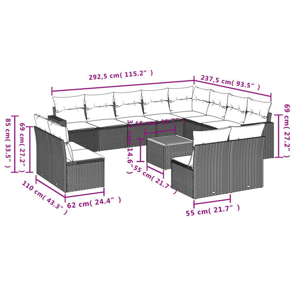vidaXL 13 Piece Garden Sofa Set with Cushions Grey Poly Rattan