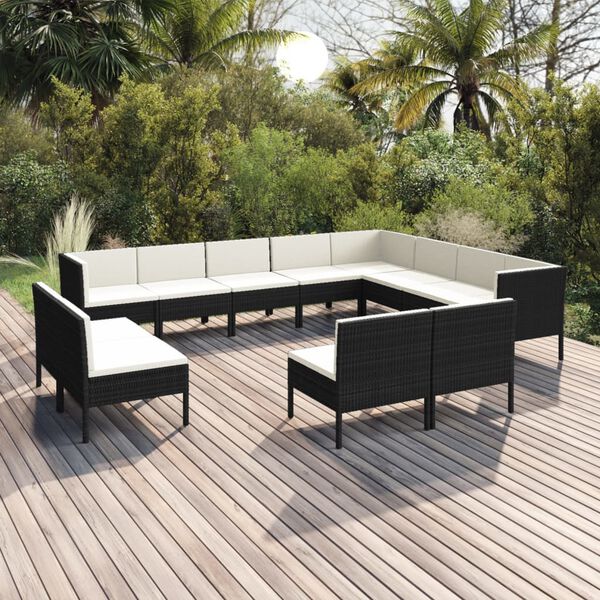 vidaXL 12 Piece Garden Lounge Set with Cushions Poly Rattan Black