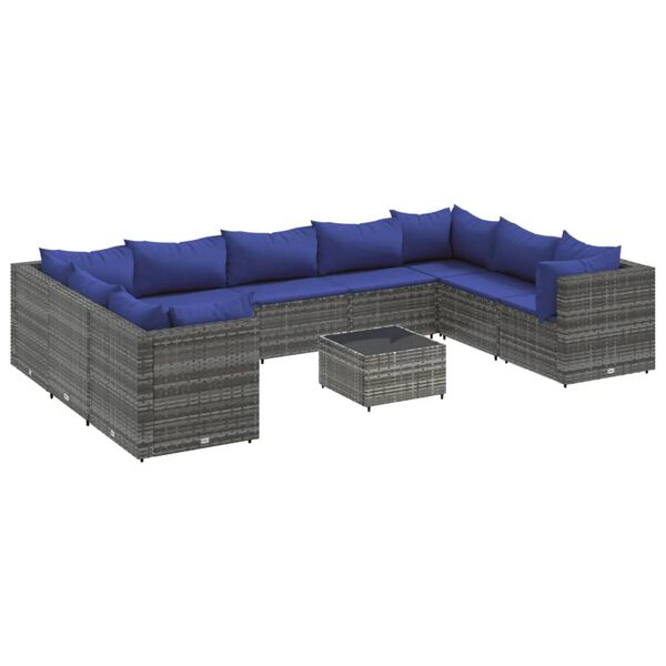 vidaXL 10 Piece Garden Lounge Set with Cushions Grey Poly Rattan