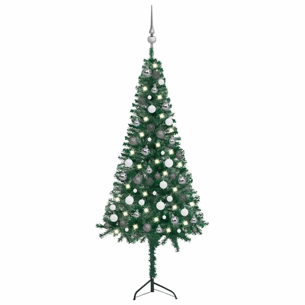 vidaXL Corner Artificial Christmas Tree LEDs&Ball Set Green 150 cm PVC