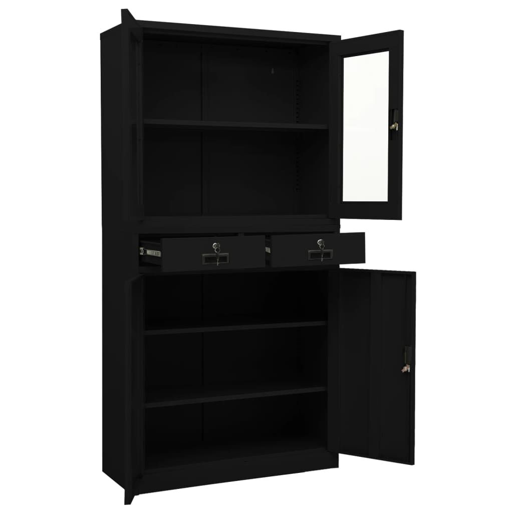 vidaXL Office Cabinet Black 90x40x180 cm Steel and Tempered Glass