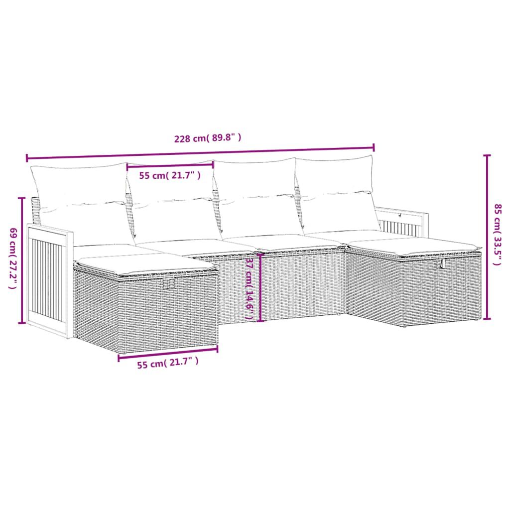 vidaXL 6 Piece Garden Sofa Set with Cushions Grey Poly Rattan