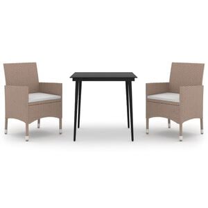 vidaXL 3 Piece Garden Dining Set with Cushions Poly Rattan and Glass
