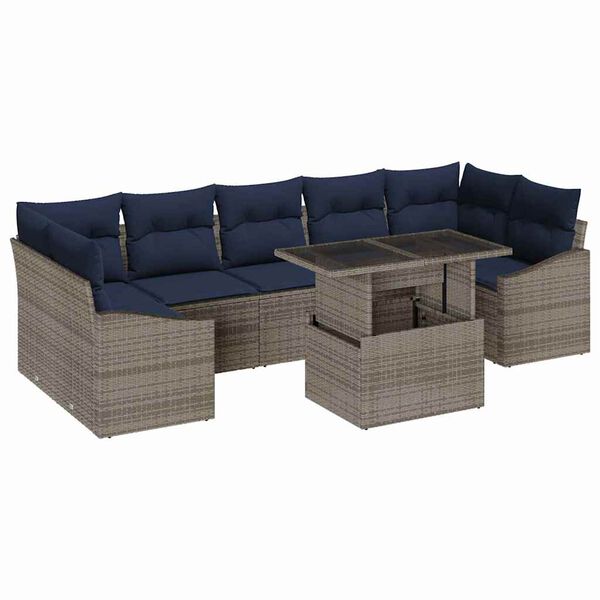 vidaXL Garden Sofa Set 8 pcs Grey and Navy Blue Poly Rattan