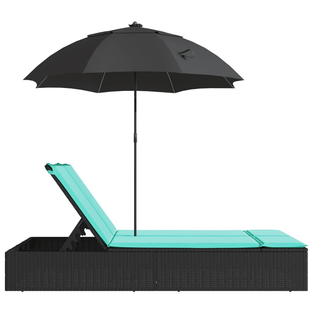 vidaXL Double Sun Lounger with Cushions&Parasol Black Poly Rattan