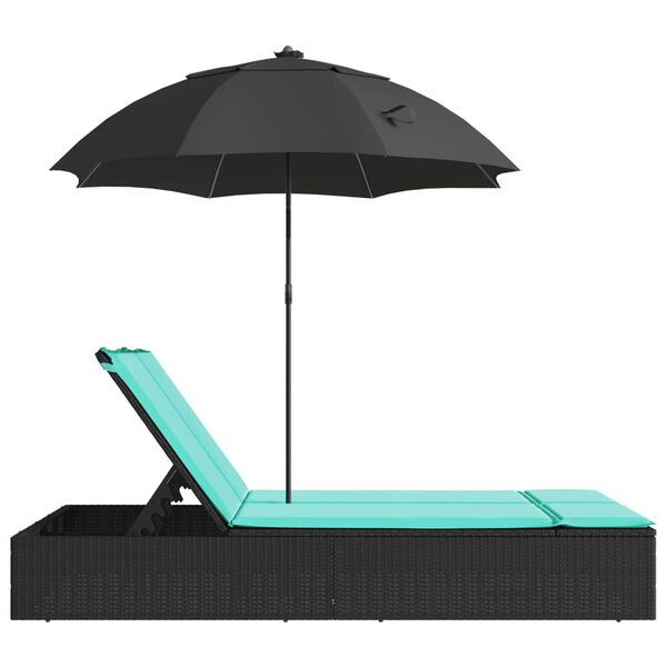 vidaXL Double Sun Lounger with Cushions&Parasol Black Poly Rattan