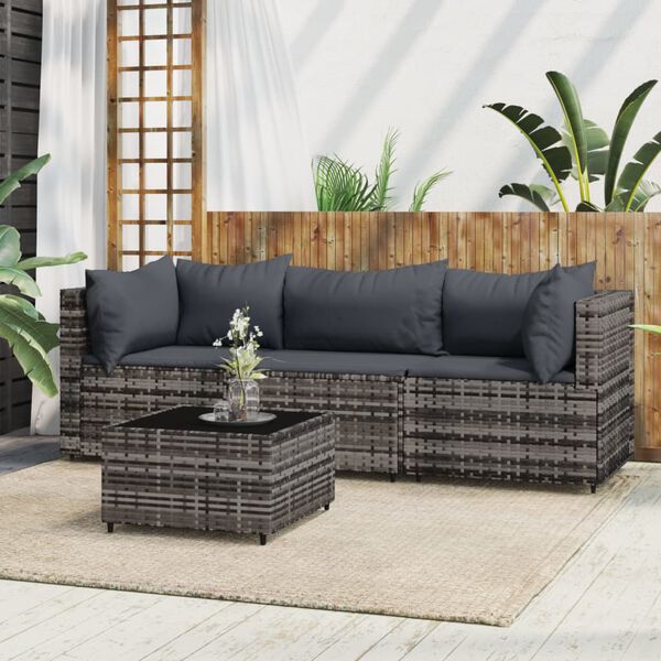 vidaXL 4 Piece Garden Lounge Set with Cushions Grey Poly Rattan