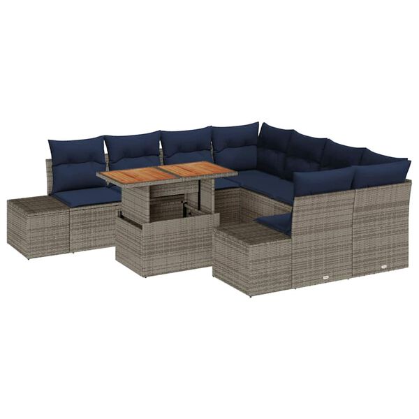 vidaXL Garden Dining Set with Cushion 9 pcs Grey and Navy