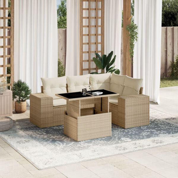 vidaXL 5 Piece Garden Sofa Set with Cushions Beige Poly Rattan