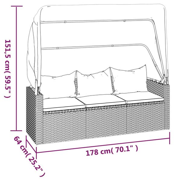 vidaXL 3-Seater Garden Sofa with Roof and Footstool Grey Poly Rattan