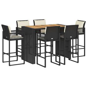 vidaXL 7 Piece Garden Bar Set with Cushions Black Poly Rattan Acacia