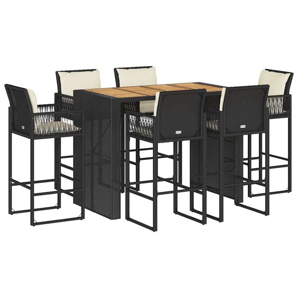 vidaXL 7 Piece Garden Bar Set with Cushions Black Poly Rattan Acacia