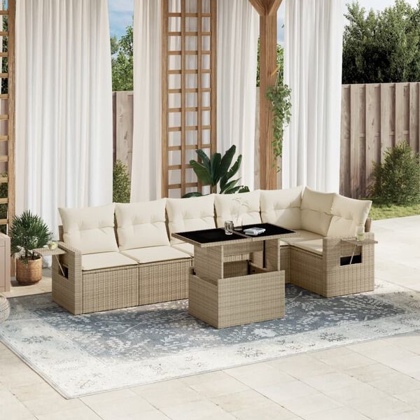 vidaXL 7 Piece Garden Sofa Set with Cushions Beige Poly Rattan