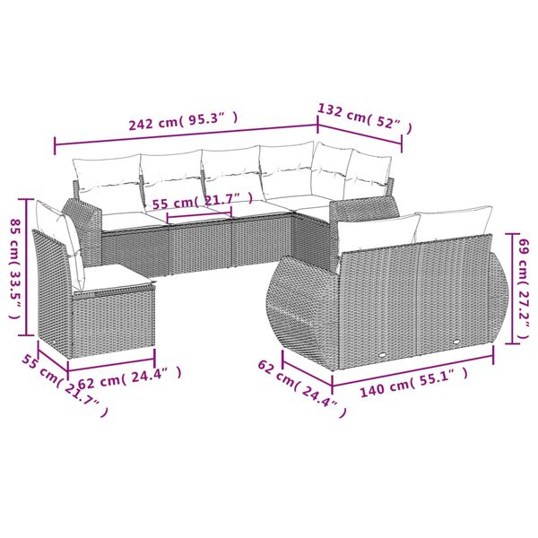 vidaXL 8 Piece Garden Sofa Set with Cushions Black Poly Rattan