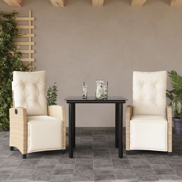 vidaXL 3 Piece Garden Dining Set with Cushions Beige Poly Rattan