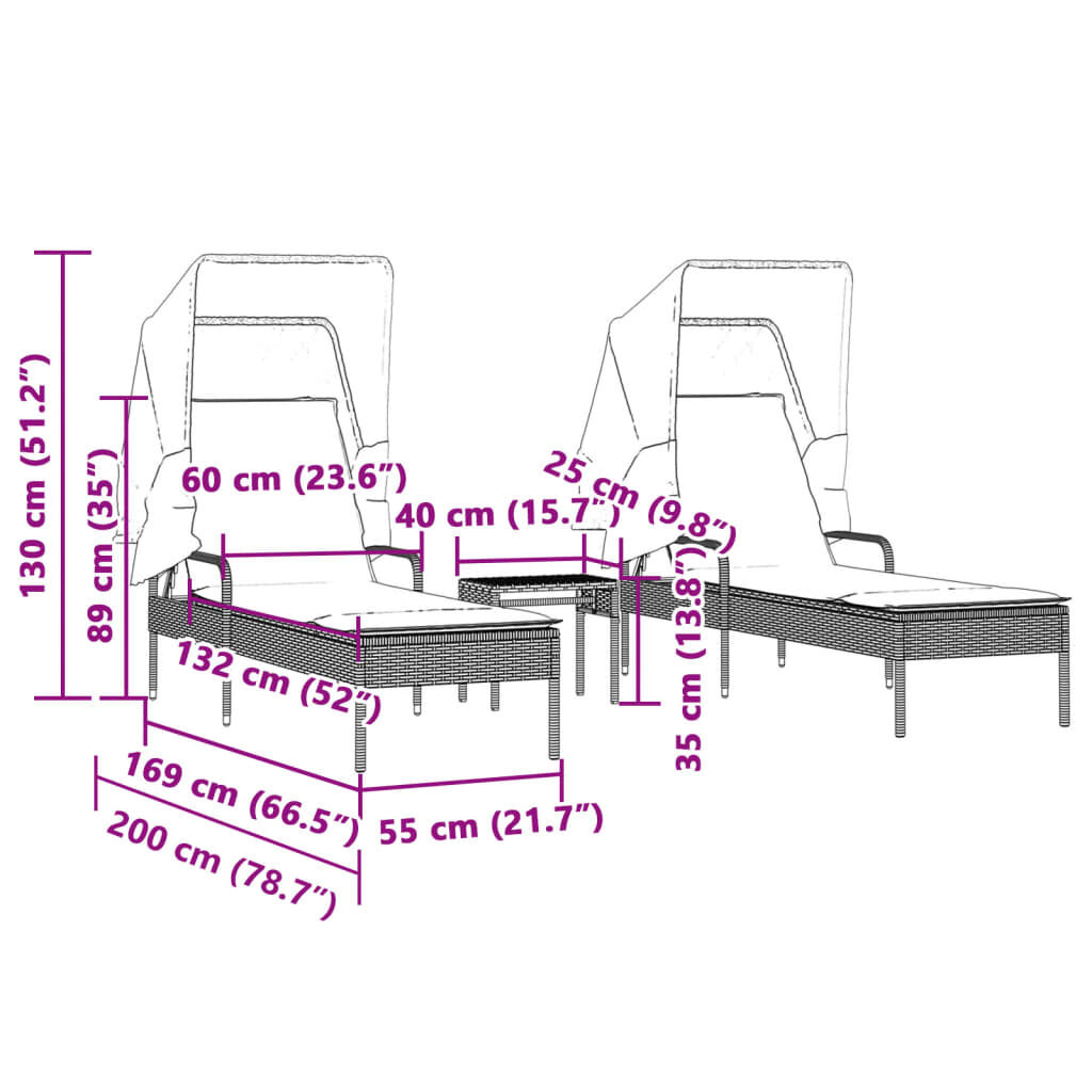 vidaXL Sun Loungers 2 pcs with Canopies and Table Brown Poly Rattan