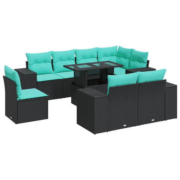 vidaXL 9 Piece Garden Sofa Set with Cushions Black Poly Rattan Acacia