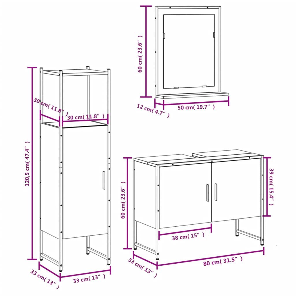 vidaXL 3 Piece Bathroom Cabinet Set Smoked Oak Engineered Wood