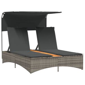vidaXL Double Sun Lounger with Canopy and Cushions Grey Poly Rattan