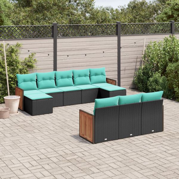 vidaXL 10 Piece Garden Sofa Set with Cushions Black Poly Rattan