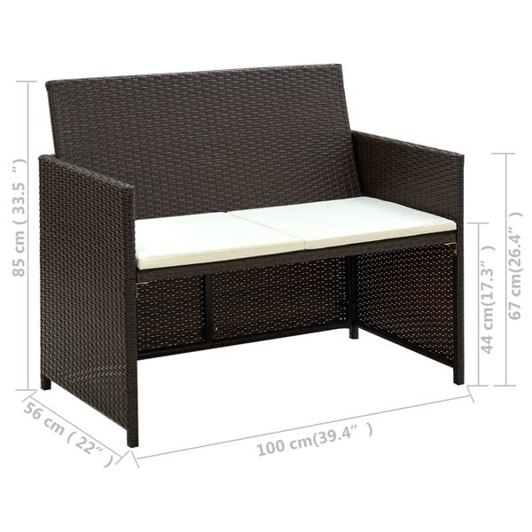 vidaXL 2 Seater Garden Sofa with Cushions Brown Poly Rattan