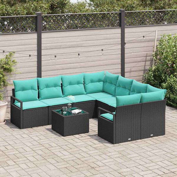 vidaXL Sofa Set with Cushion 9 pcs Black and Turquoise Poly Rattan