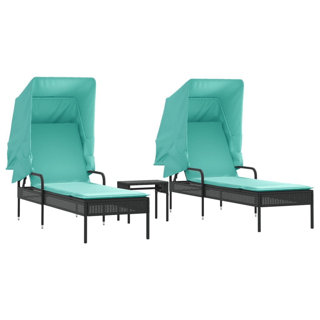 vidaXL Sun Loungers 2 pcs with Canopies and Table Black Poly Rattan