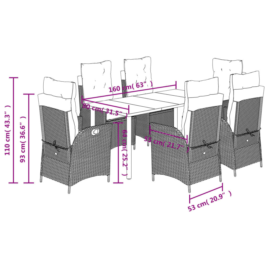 vidaXL 7 Piece Garden Dining Set with Cushions Brown Poly Rattan