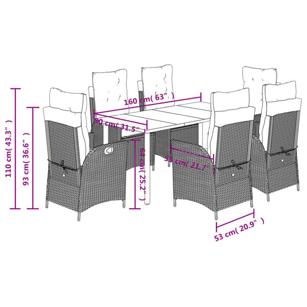 vidaXL 7 Piece Garden Dining Set with Cushions Brown Poly Rattan