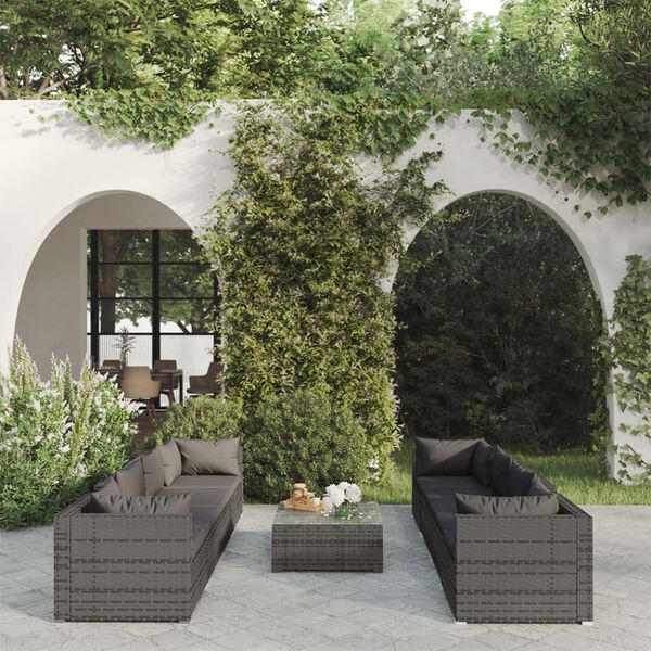 vidaXL 9 Piece Garden Lounge Set with Cushions Poly Rattan Grey