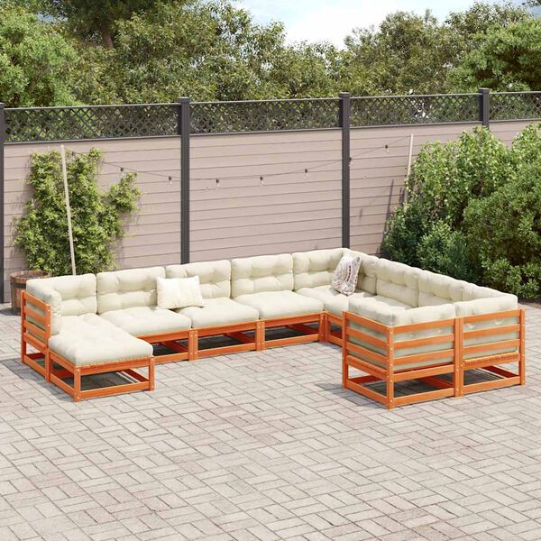 vidaXL 10 Piece Garden Sofa Set with Cushions Wax Brown Solid Wood Pine