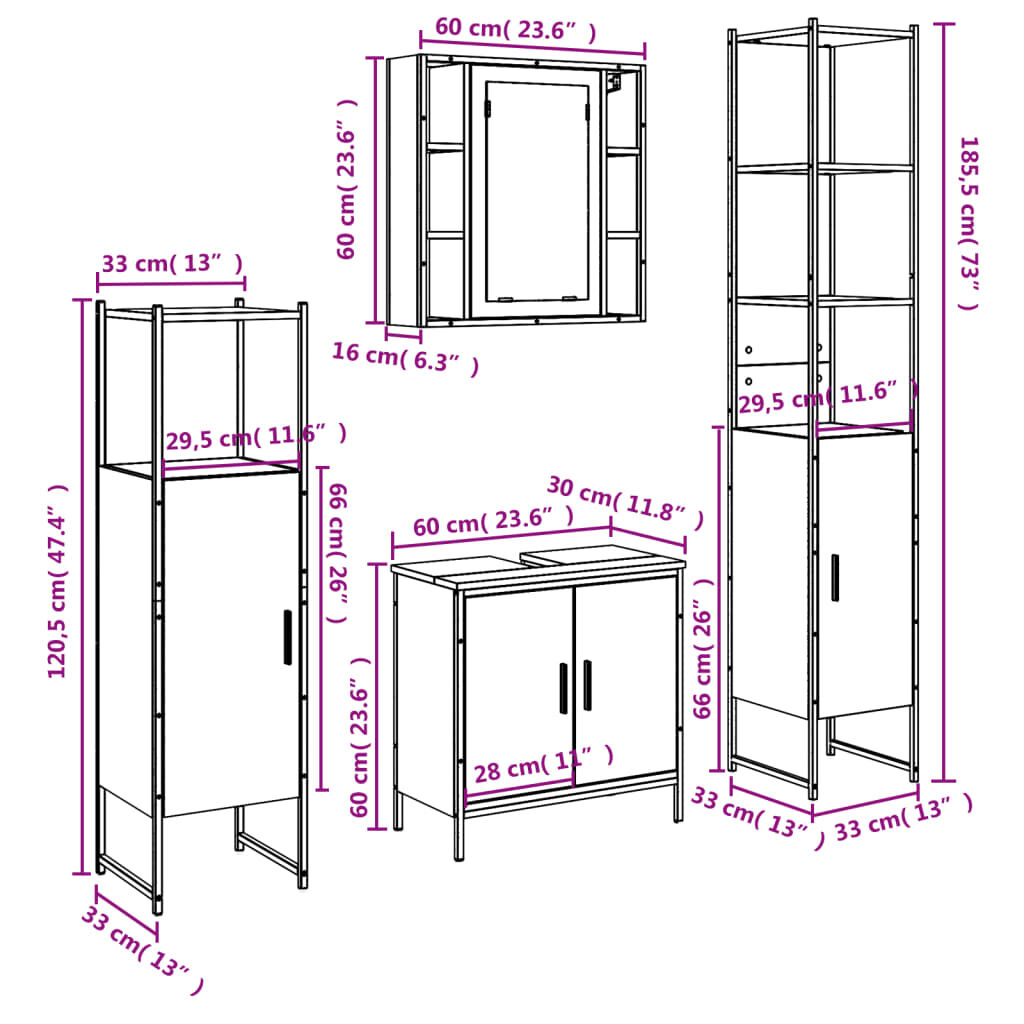 vidaXL 4 Piece Bathroom Cabinet Set Black Engineered Wood