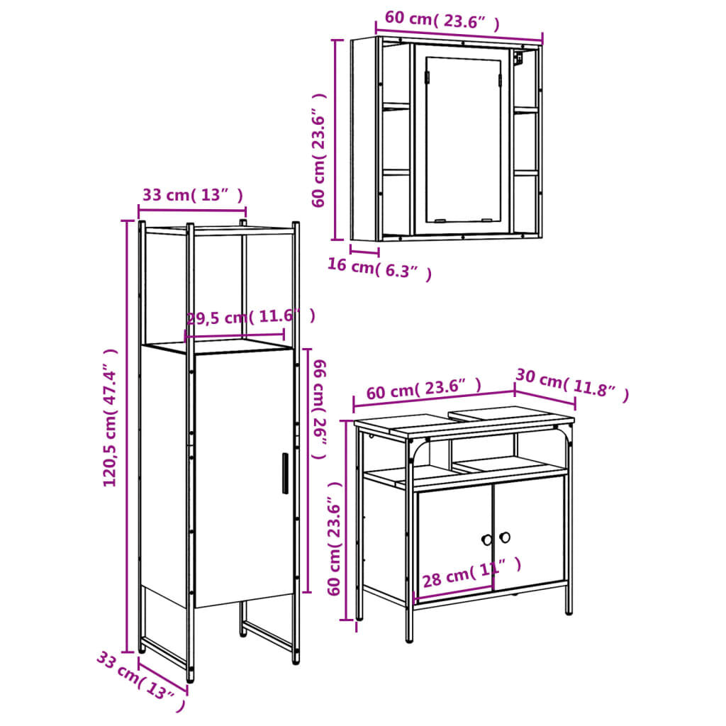 vidaXL 3 Piece Bathroom Cabinet Set Black Engineered Wood