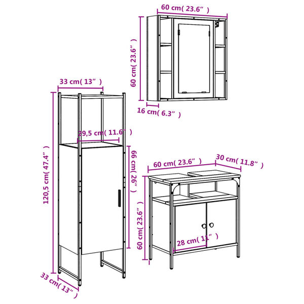vidaXL 3 Piece Bathroom Cabinet Set Black Engineered Wood