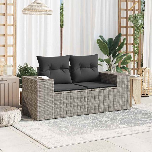 vidaXL Garden Sofa with Cushions 2-Seater Grey Poly Rattan