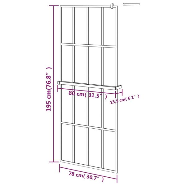 vidaXL Walk-in Shower Wall with Shelf Black 80x195 cm ESG Glass&Aluminium