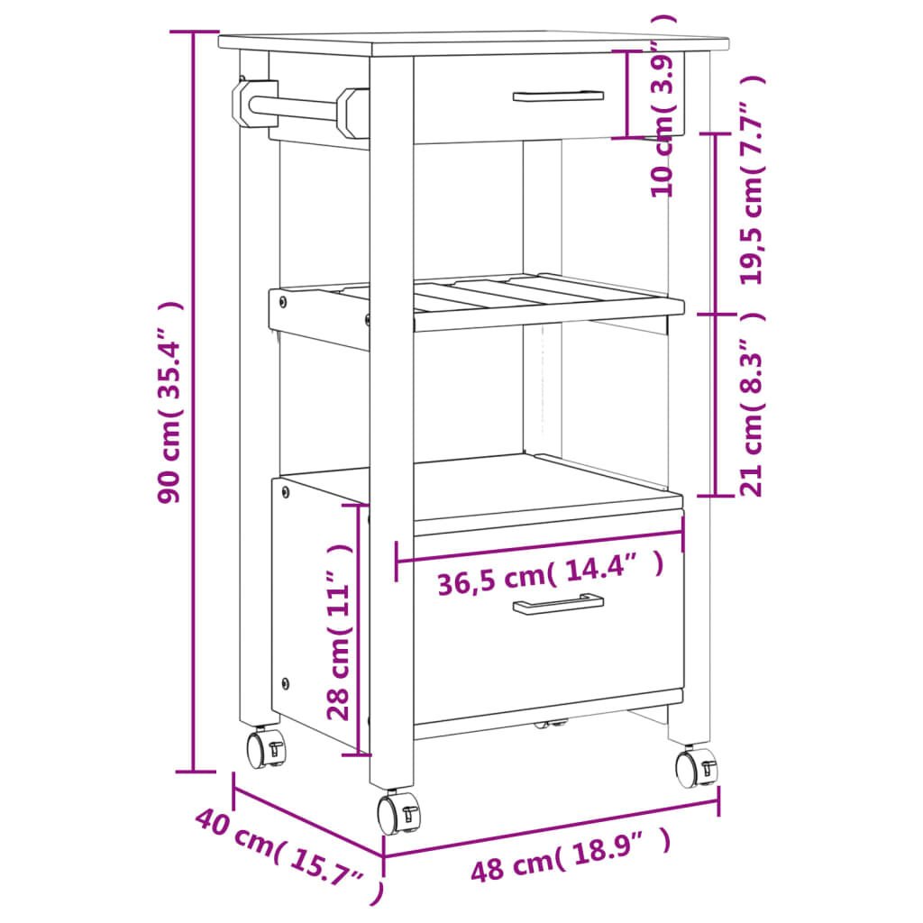 vidaXL Kitchen Trolley MONZA 48x40x90 cm Solid Wood Pine