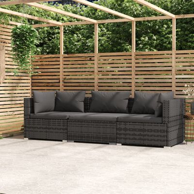 vidaXL 3-Seater Sofa with Cushions Grey Poly Rattan