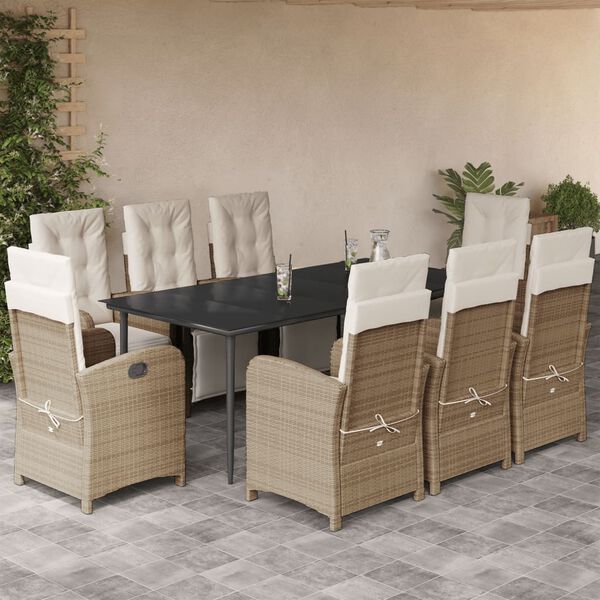 vidaXL 9 Piece Garden Dining Set with Cushions Beige Poly Rattan