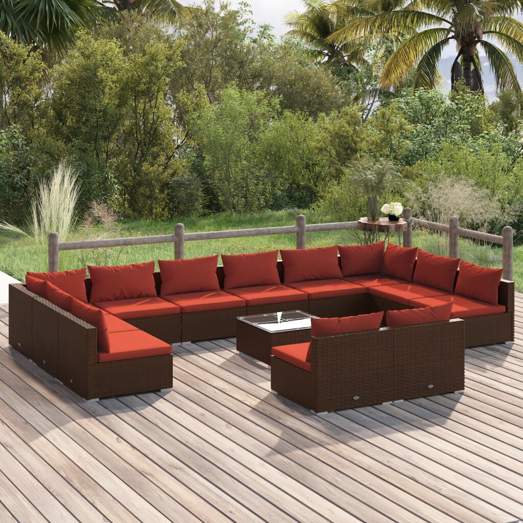 vidaXL 13 Piece Garden Lounge Set with Cushions Brown Poly Rattan
