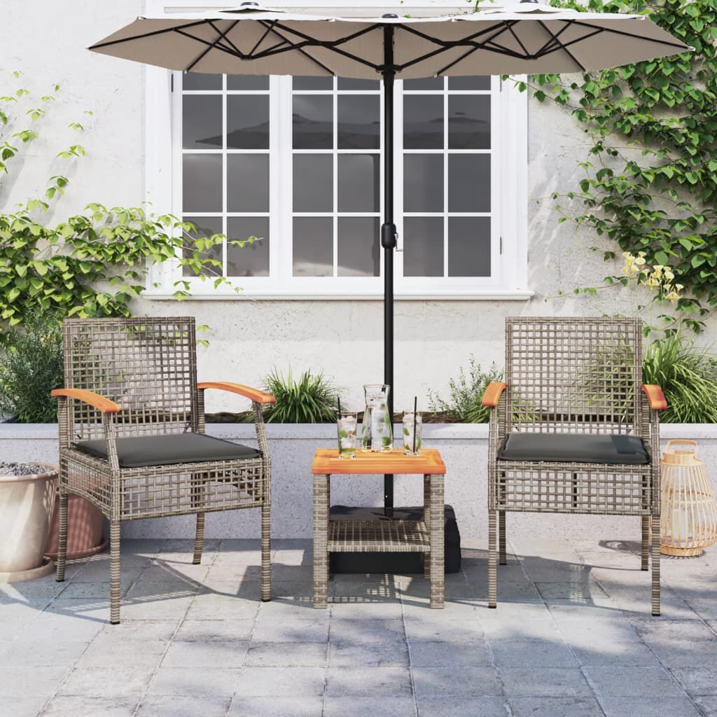 vidaXL 3 Piece Bistro Set with Cushions Grey Poly Rattan Acacia Wood