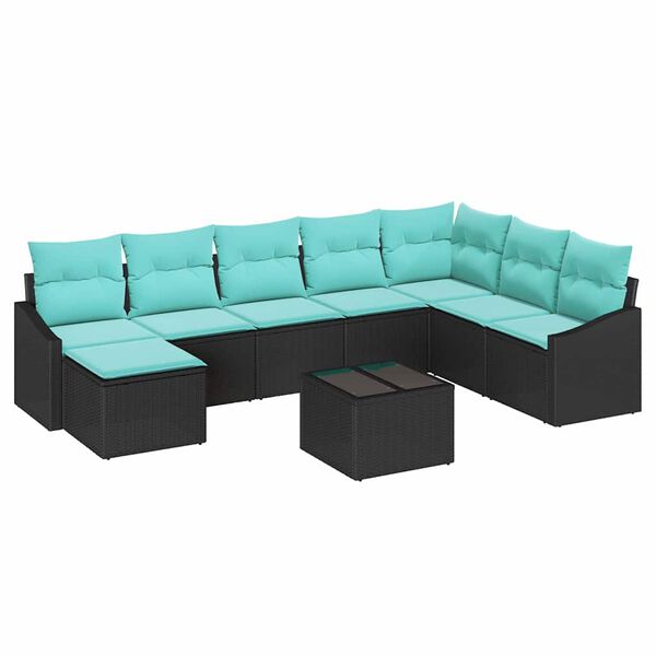 vidaXL Sofa Set with Cushion 9 pcs Black Poly Rattan