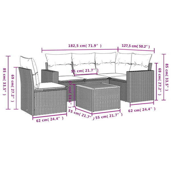 vidaXL 6 Piece Garden Sofa Set with Cushions Grey Poly Rattan