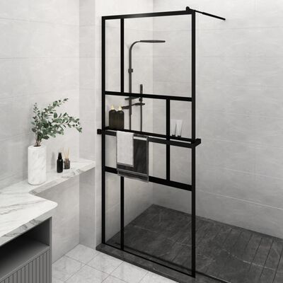 vidaXL Walk-in Shower Wall with Shelf Black 90x195 cm ESG Glass&Aluminium