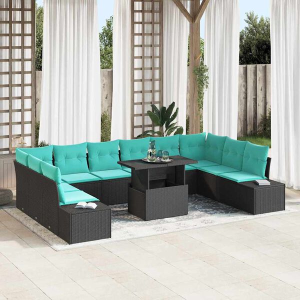 vidaXL Garden Sofa Set with Cushion 11 pcs Black and Blue Poly Rattan