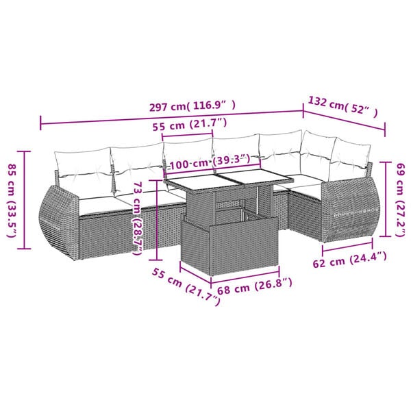 vidaXL 7 Piece Garden Sofa Set with Cushions Brown Poly Rattan