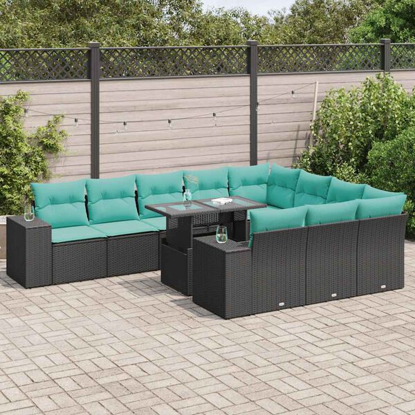 vidaXL 15 Piece Garden Sofa Set with Cushions Black Poly Rattan Acacia