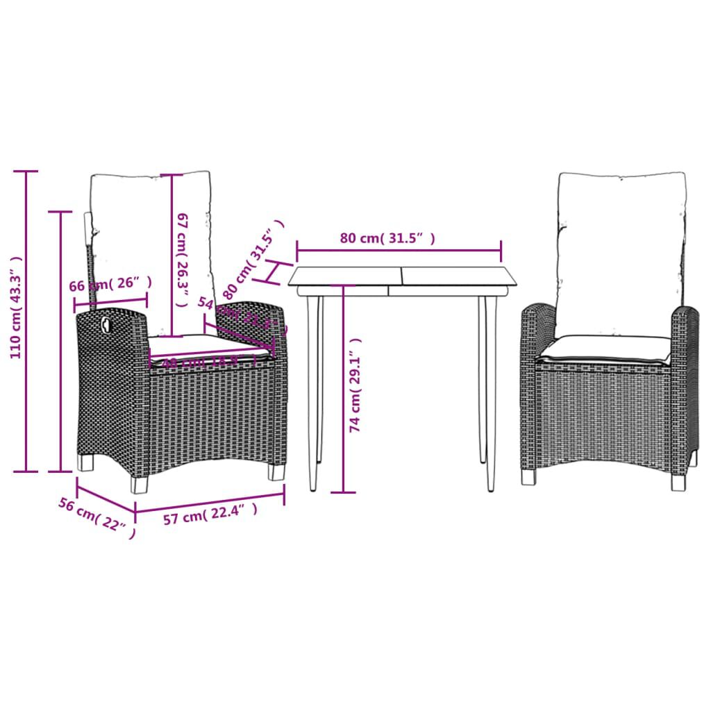 vidaXL 3 Piece Garden Dining Set with Cushions Beige Poly Rattan